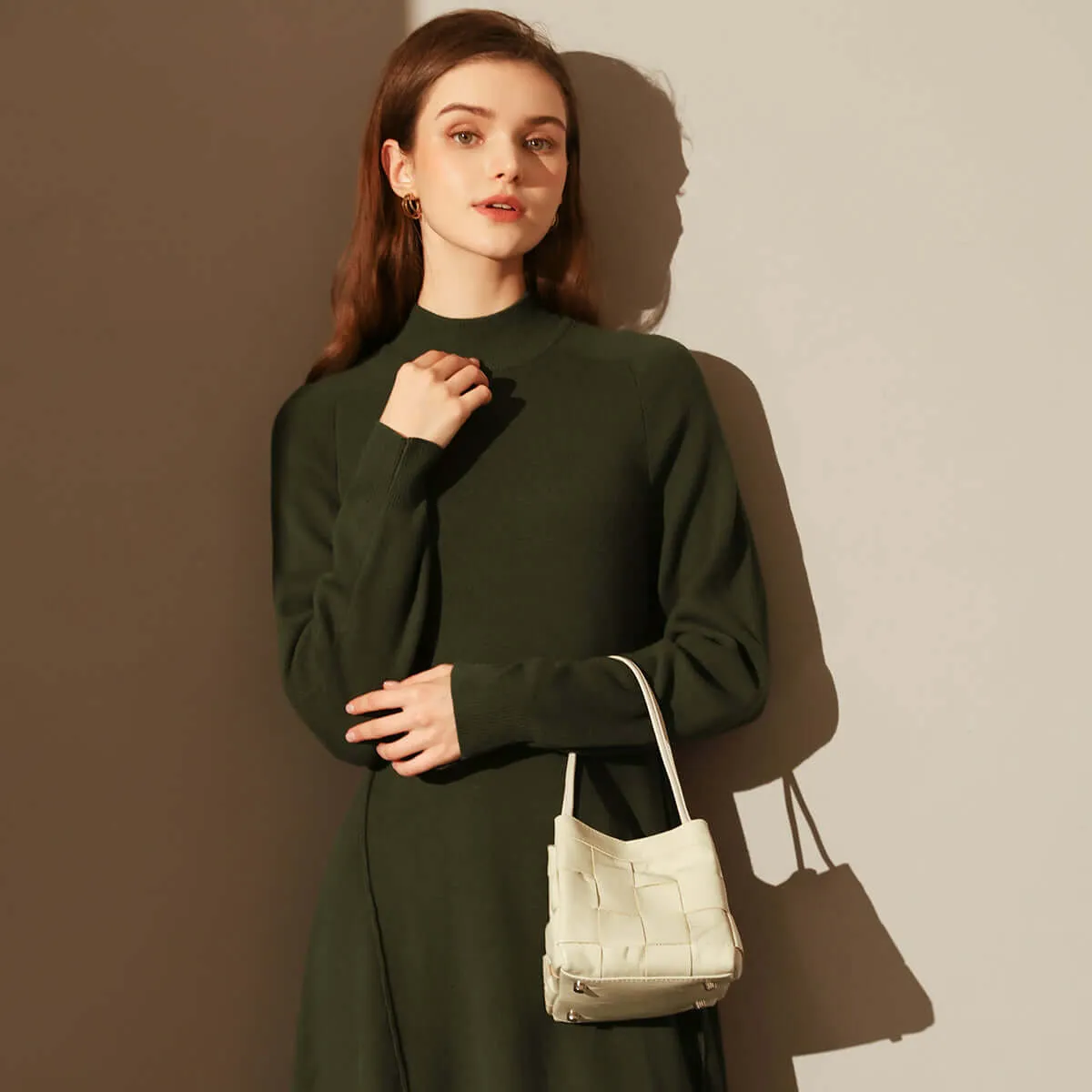 Woven Leather Bucket Bag in Ivory