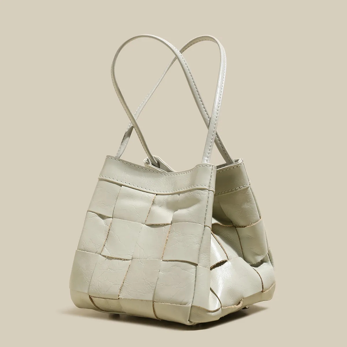 Woven Leather Bucket Bag in Ivory