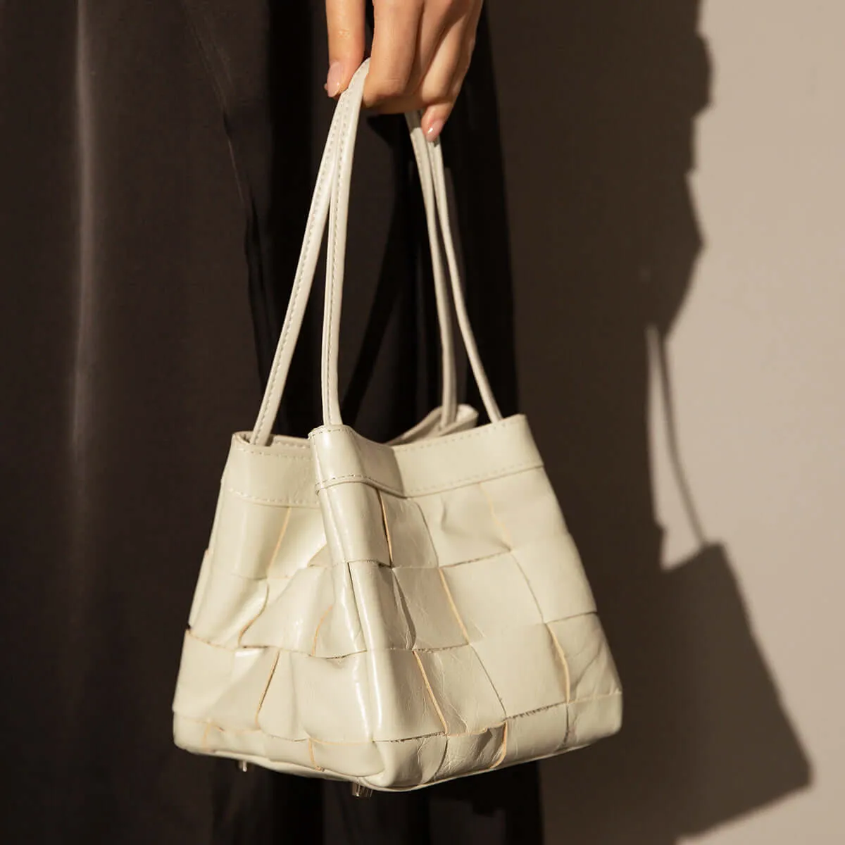 Woven Leather Bucket Bag in Ivory