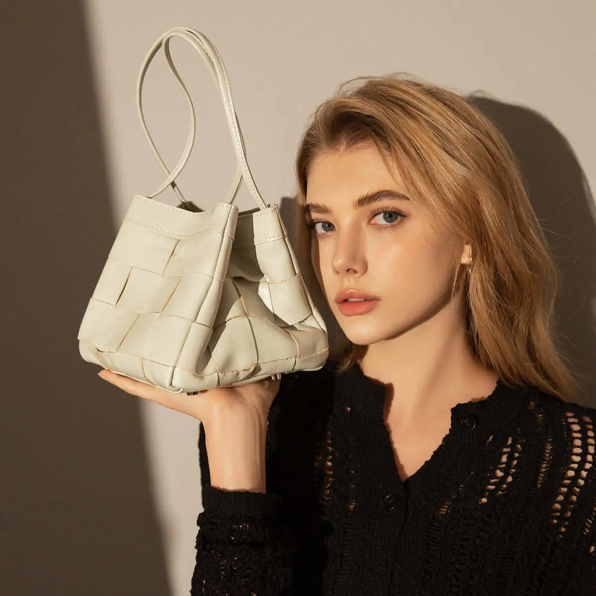 Woven Leather Bucket Bag in Ivory